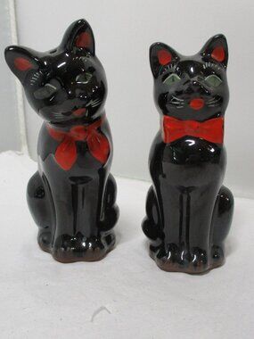 Vintage Shafford Redware Pottery Black CAT Salt & Pepper Shakers MCM